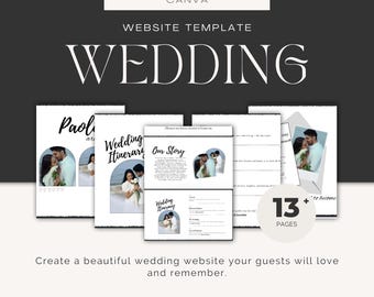 Op de afbeelding: Een website templates ontwerp met het woord "WEDDING" in een groot, elegant lettertype. Het ontwerp bevat voorbeeldpagina's met trouwfoto's en tekst, en de tekst "13+ PAGES". Het Canva-logo staat bovenaan.