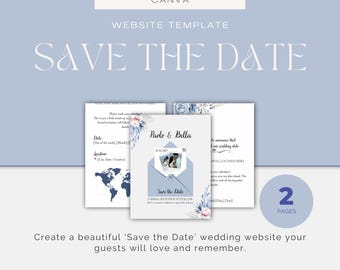May include: A light blue Canva website template with the text "SAVE THE DATE". The design includes sample wedding invitation layouts with floral accents and a world map. The text "Paolo & Bella" is visible.