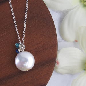 Coin Pearl Necklace with Blue Crystals: Sterling Silver & Adjustable