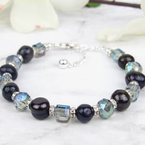 Schwarze Kristallperlen Armband: Sterling Silber & Verstellbar