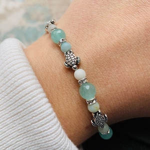 Mint Green Sea Turtle Bracelet | Turtle Bead Jewelry for Women | Ocean Gifts for Her | Adjustable Sterling Silver Clasp & Extension