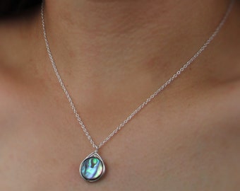 Collar con colgante de abulón envuelto: cadena de plata de ley o chapada en oro de 14 k, 16 o 18 pulgadas