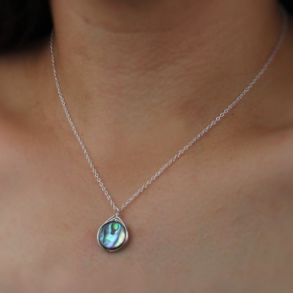 Dainty Abalone Pendant Necklace for Women | Paua Shell Jewelry | 16" Sterling Silver Chain