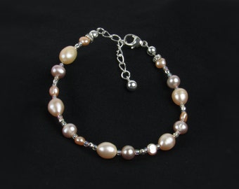 Cultured Freshwater Pearl Bib Necklace with Shell Sterling Silver, Adjustable Cultured Freshwater Pearl Bib Necklace with Shell Sterling Silver, Adjustable