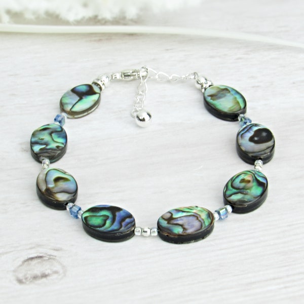 Abalone Shell Beaded Bracelet Oval and Circle | Paua Jewelry for Women | Adjustable Sterling Silver Clasp & Extension
