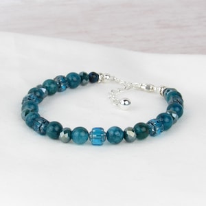 Teal Beaded Bracelet with Apatite Gemstones: Sterling Silver & Adjustable
