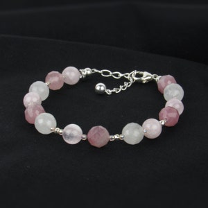 Pulseira de contas de pedra preciosa rosa com quartzo rosa e kunzita: prata esterlina e ajustável