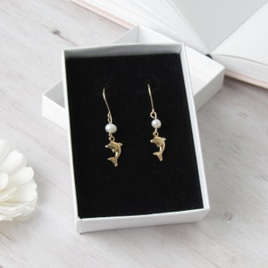 Tiny Gold Dolphin Dangle Earrings with Freshwater Pearls: 14k Gold Filled
