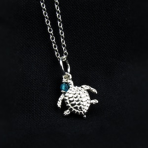 Dainty Sea Turtle Necklace with Blue Charm: 16 inch Sterling Silver Chain