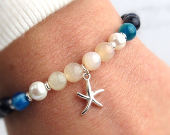 Gemstone Starfish Charm Bracelet with Freshwater Pearls | Ocean Jewelry for Women| Adjustable Sterling Silver Clasp & Extension