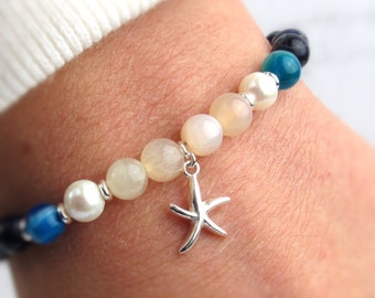 Gemstone Starfish Charm Bracelet with Freshwater Pearls: Sterling Silver & Adjustable