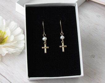 Tiny Gold Cross Dangle Earrings with Freshwater Pearls | Dainty Cross Jewelry for Women |  Gold Filled