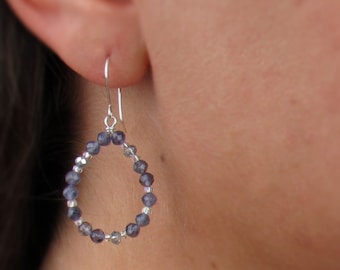 Blue Gemstone Teardrop Beaded Earrings | Iolite Jewelry for Women | Sterling Silver Ear Wires