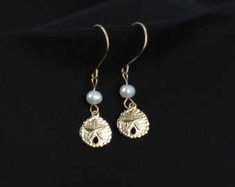 Tiny Sand Dollar Earrings with Freshwater Pearls: 14k Gold Filled
