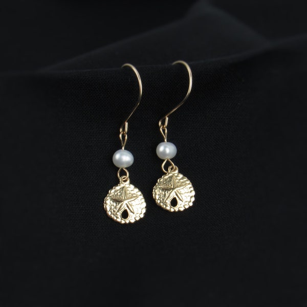 Tiny Sand Dollar Earrings with Freshwater Pearls | Sea Life Jewelry for Women | Ocean Gifts for Her | 14k Gold Filled