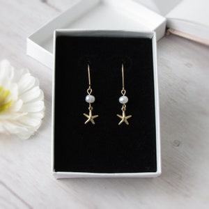 Tiny Gold Starfish Dangle Earrings with Freshwater Pearls: 14k Gold Filled