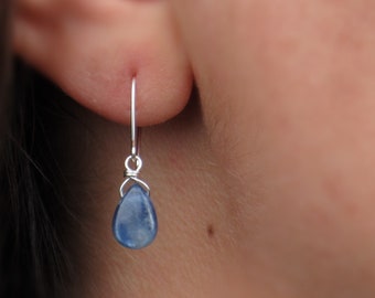Tiny Blue Kyanite Teardrop Earrings: Sterling Silver or 14k Gold Filled