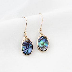 Wrapped Abalone Dangle Earrings: Oval or Circle, Sterling Silver or 14k Gold Filled