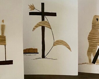 Set of 5 Cross and Wheat Jesus Symbolic Notecards Handmade Tanzania Africa Recycled Banana Leaves Self-Supporting Deaf Disability Workshop