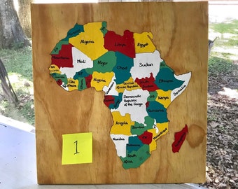Puzzle africain 18 x 17,25 pouces, carte, peinture sculptée à la main, géographie, pays du monde, jouet en bois, éducation, atelier pour personnes sourdes et sourdes autonomes