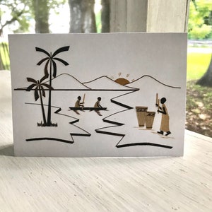 4er Set Canoe & Drums Notecards Handgefertigte Tansania Afrika Wandkunst Recycelte Bananenblätter Selbsttragende Werkstatt für Taube und Behinderung