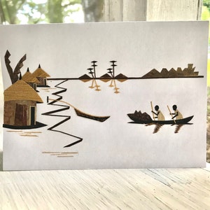 Set mit 2 Canoe & Huts Grußkarten Handgefertigte Tansania Afrika Wandkunst Recycelte Bananenblätter Selbsttragende Werkstatt für Taube/Behinderung