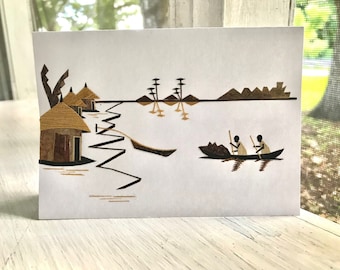 Set of 3 Canoe & Huts Notecards Handmade Tanzania Africa Wall Art Recycled Banana Leaves Self-Supporting Deaf Disability Workshop