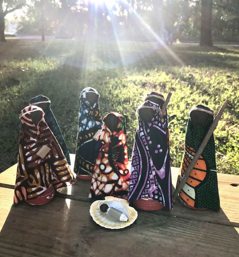 African Nativity Dark Skin Christmas 8 piece set Handmade Recycled Materials 4-5 inch Dar es Salaam Tanzania Disability Awareness Workshop image 5