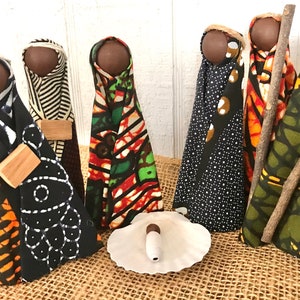 African Nativity Dark Skin Christmas 8 piece set Handmade Recycled Materials 4-5 inch Dar es Salaam Tanzania Disability Awareness Workshop