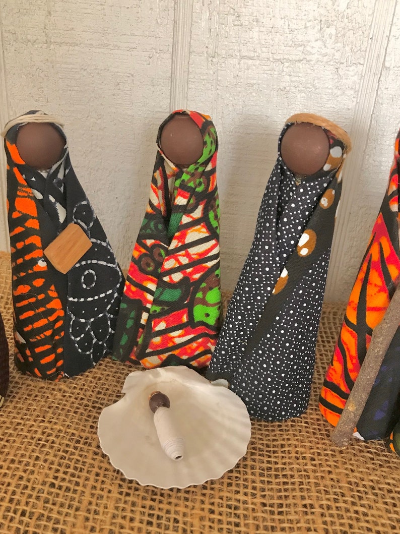 African Nativity Dark Skin Christmas 8 piece set Handmade Recycled Materials 4-5 inch Dar es Salaam Tanzania Disability Awareness Workshop image 2