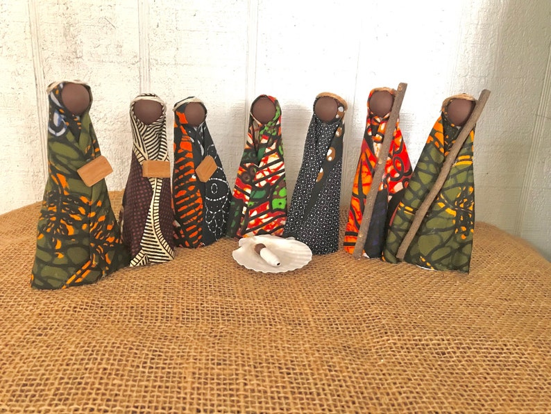 African Nativity Dark Skin Christmas 8 piece set Handmade Recycled Materials 4-5 inch Dar es Salaam Tanzania Disability Awareness Workshop image 4