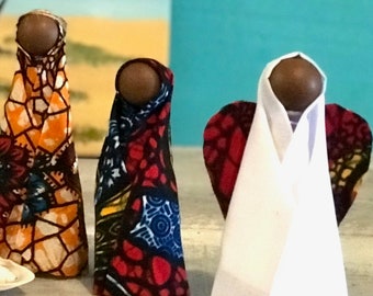 Nativity Set with Angel African Dark Skin Christmas 9 piece set Handmade Recycled 4-5 inch Da res Salaam Tanzania Disability Workshop