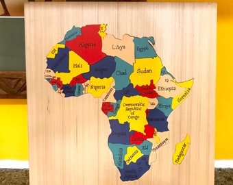 Casse-tête africain 25 cm, sculpté à la main, peint, géographie éducative, carte de l'école à la maison, atelier manuel pour sourds et handicapés, autosuffisant