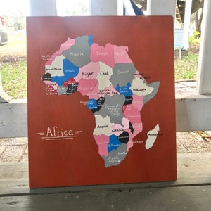 African Wooden Puzzle Map Handcarved 14x15in Educational Wall Art Homeschool World Tanzania Self-Supporting Deaf & Disability Workshop image 2