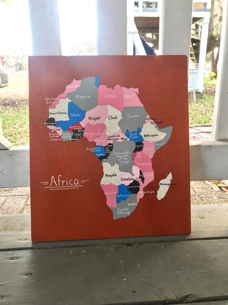 African Wooden Puzzle Map Handcarved 14x15in Educational Wall Art Homeschool World Tanzania Self-Supporting Deaf & Disability Workshop image 2