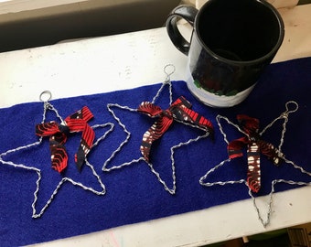 Set of 3 Stars Wire Kitenge Cloth Christmas Ornament Handmade Africa Recycled Material Tanzania Self-Supporting Deaf Disability Workshop