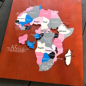 African Wooden Puzzle Map Handcarved 14x15in Educational Wall Art Homeschool World Tanzania Self-Supporting Deaf & Disability Workshop