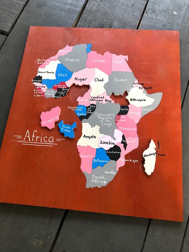 African Wooden Puzzle Map Handcarved 14x15in Educational Wall Art Homeschool World Tanzania Self-Supporting Deaf & Disability Workshop image 1