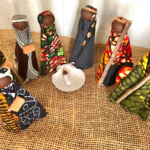 Presepe africano con pelle scura, 8 pezzi più Gesù Bambino, fatto a mano, 10-12 cm, Kwanzaa, Natale