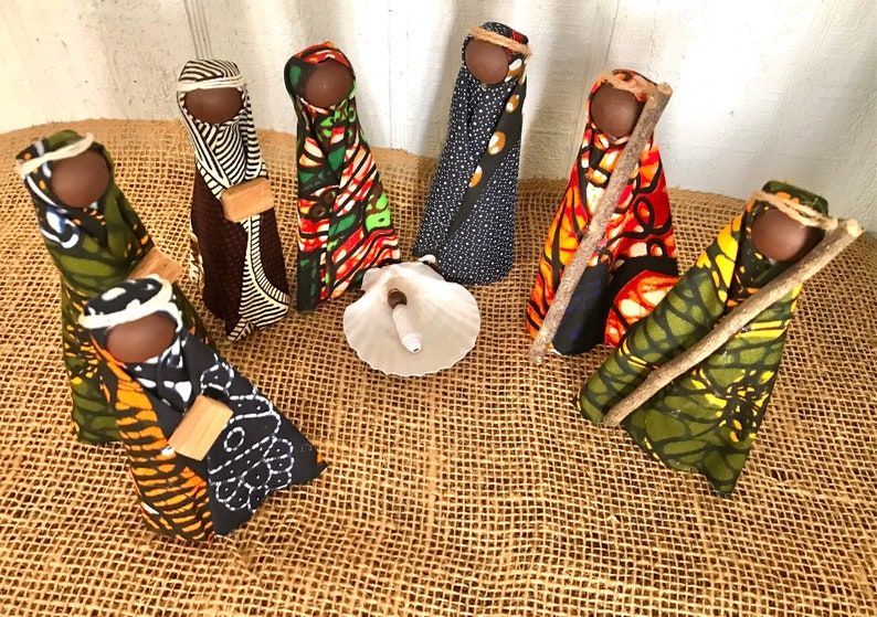 African Nativity Dark Skin Christmas 8 piece set Handmade Recycled Materials 4-5 inch Dar es Salaam Tanzania Disability Awareness Workshop image 3