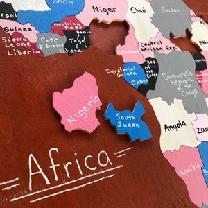 African Wooden Puzzle Map Handcarved 14x15in Educational Wall Art Homeschool World Tanzania Self-Supporting Deaf & Disability Workshop image 4