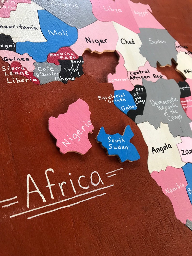 African Wooden Puzzle Map Handcarved 14x15in Educational Wall Art Homeschool World Tanzania Self-Supporting Deaf & Disability Workshop image 4