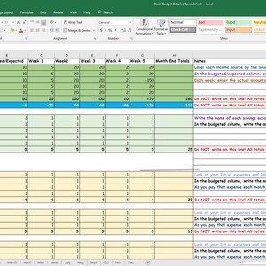 May include: A green and yellow spreadsheet with a basic budget template. The spreadsheet includes columns for income, savings, and expenses. The spreadsheet is divided into sections for income, savings, and expenses. The spreadsheet includes instructions for how to use the template.