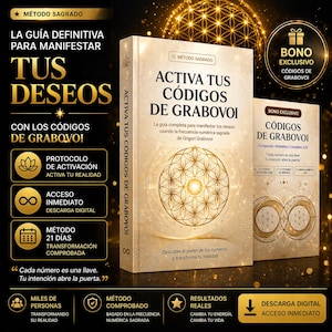 Puede incluir: Una portada de libro con el título "ACTIVA TUS CÓDIGOS DE GRABOVOI" en letras doradas, con un diseño geométrico. La portada también incluye texto en español, que promociona una guía para manifestar deseos utilizando frecuencias numéricas. También se muestra un libro de bonificación.