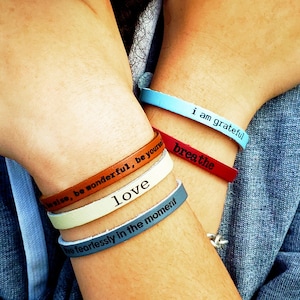 Custom Leather Bracelets -  Personalized leather bracelet with Names & Symbols. Engraved bracelet | Super soft and comfortable.