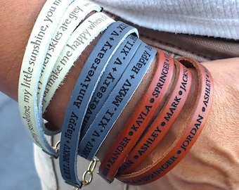 Custom Leather Wrap Bracelets. Engraved and Personalized with ANY message, Soft and Comfortable, your wrist will fall in love.