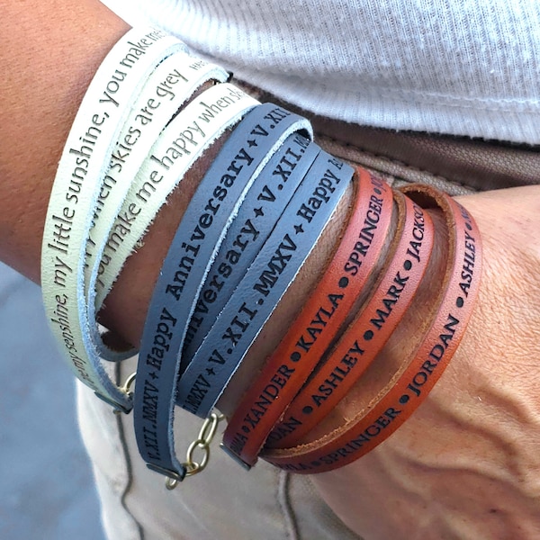 Custom Leather Wrap Bracelets. Engraved and Personalized with ANY message, Soft and Comfortable, your wrist will fall in love.