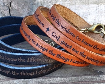 Serenity Prayer Leather Wrap around Bracelet, Soft and Comfortable, Sobriety bracelet | Sobriety Gift.  AA Bracelet