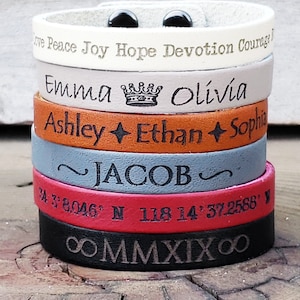 Women's Custom Leather Bracelets - Personalized Engraved Leather bracelets with Words and Symbols - Super Soft and Comfortable.