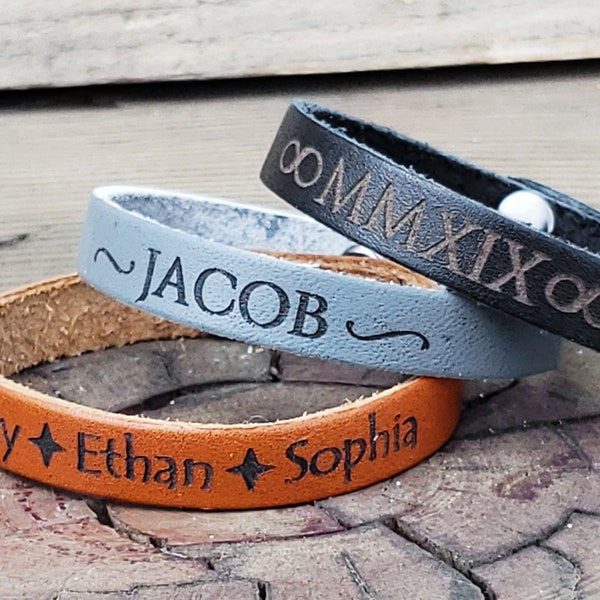 Men's Custom Leather Bracelets - Engraved Leather Names Bracelets - Personalized Leather Bracelets with Words, Symbols designs - anything!